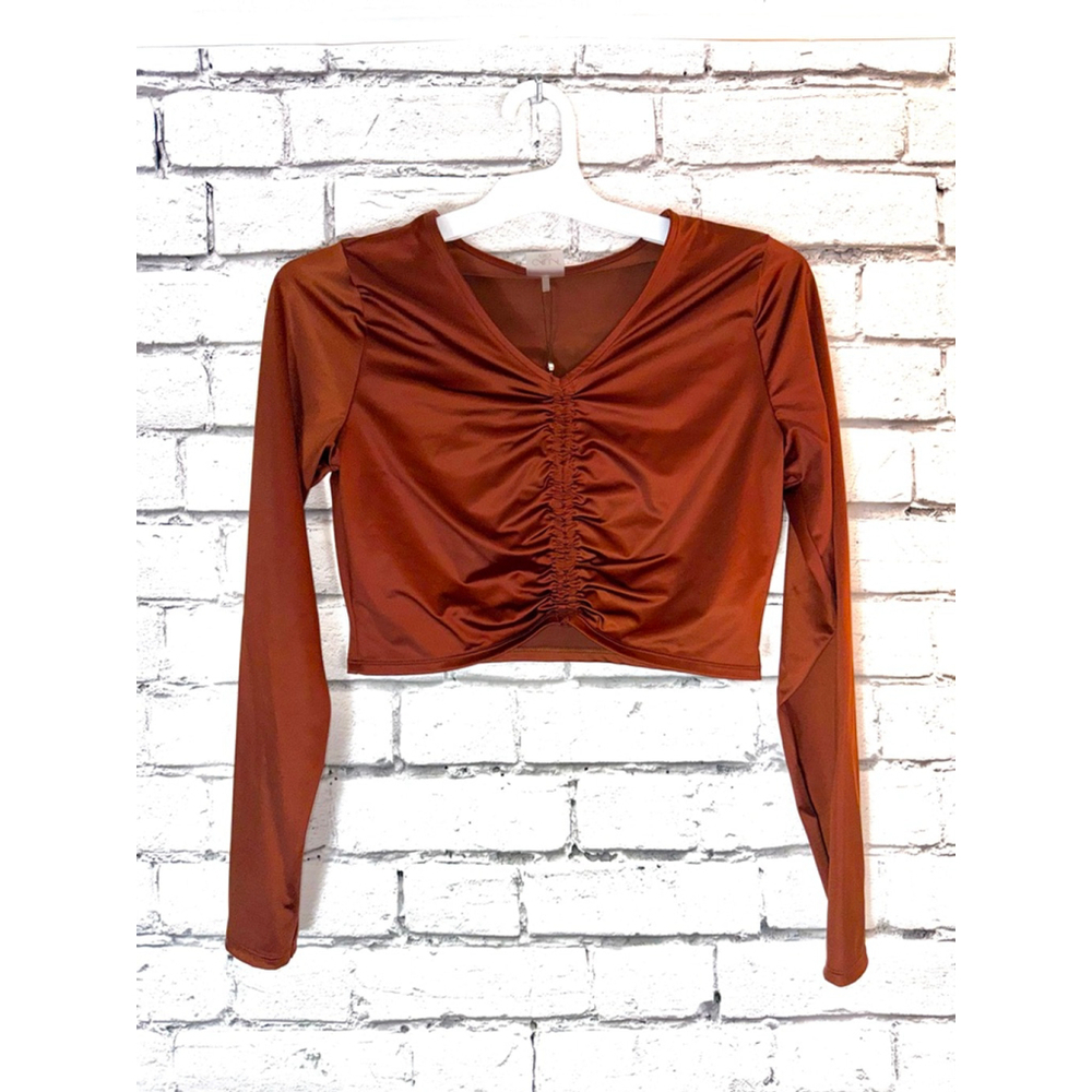 CALIA Carrie Underwood Long Sleeved Ruched Rashguard Red Brown Shine size Medium
